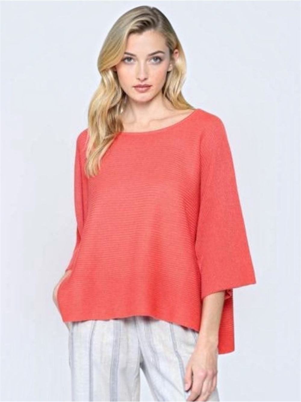 She+Sky 3/4 Sleeve Hi Low Oversized Knit Sweater in Coral OS NEW